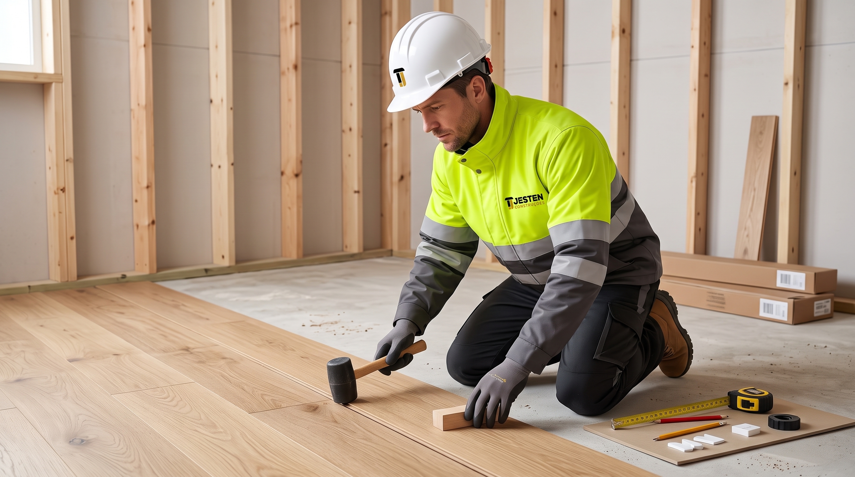 Profissional Jesten a instalar pavimento numa remodelação interior